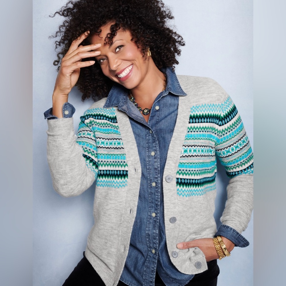 NWT Talbots Fair Isle V-Neck Cardigan. Gray with navy, green, and teal design.